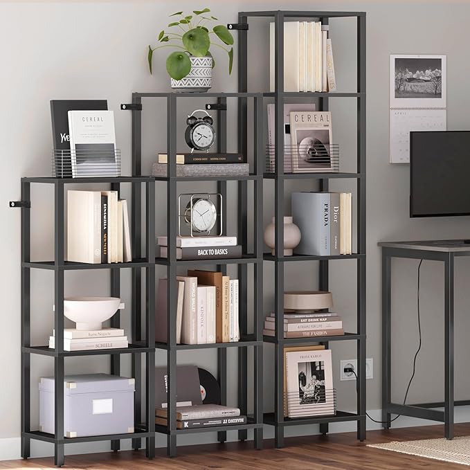TUTOTAK Bookshelf, 5-Tier Tall Book Shelf, Narrow Bookcase for Small Space, DIY Stackable Bookshelf, for Living Room, Office, Study, Entryway, Industrial, Black BS01BK005