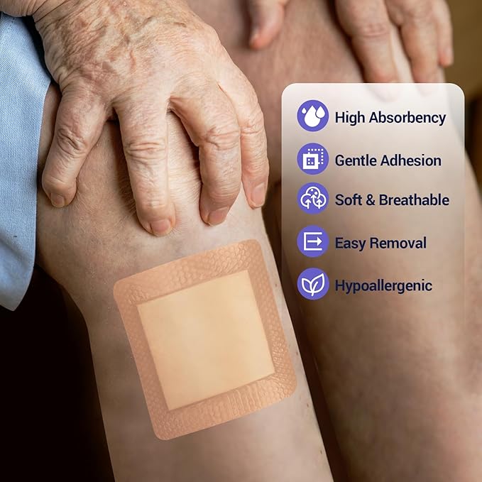 Silicone Foam Dressing 4" x 4" with Border, High Absorbency Wound Bandage, Gentle Adhesion, Soft Breathable Silicone Bandages for Wound Care, Pack of 10