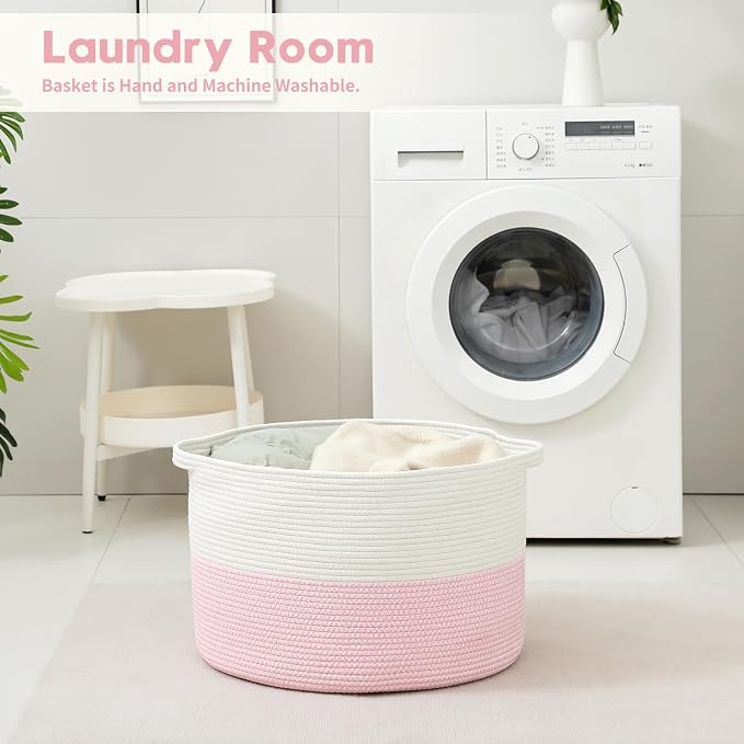 Foldable Laundry Hamper Basket with Collapsible Handle Cotton Rope Soft Woven Fabric Storage Organizer Clothes Toys Nursery Bedroom Dorm Space Saving Bin (White & Pink, 115L(23.6"D x 15.7"H))