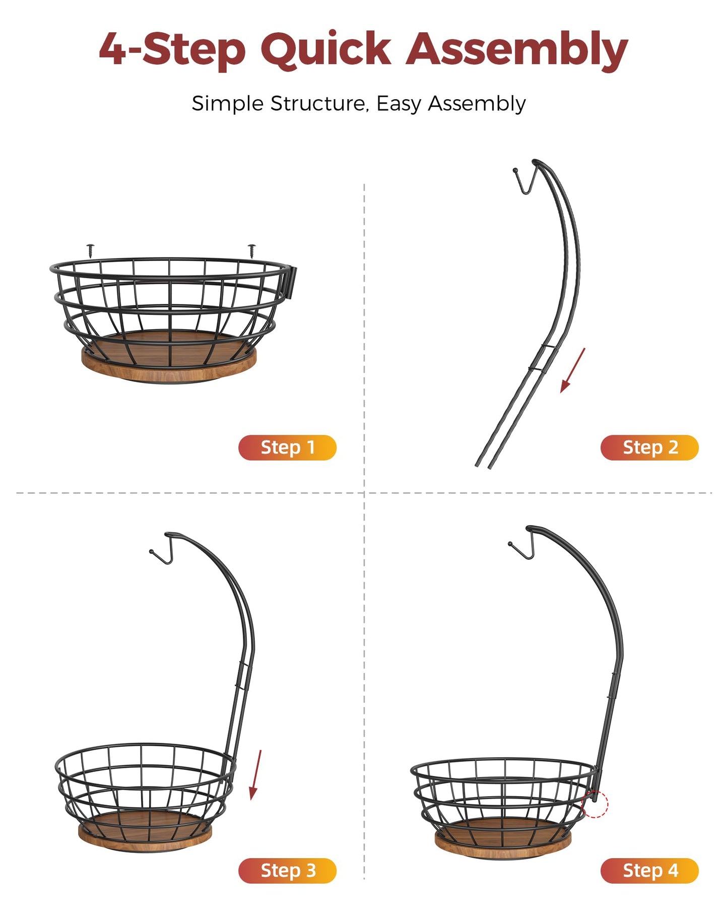 Sevenblue 360°Rotating Fruit Basket for Kitchen Counter with Upgraded Banana Hanger, 2026 Pro Metal Countertop Fruit and Vegetable Basket Bowl Storage with Wooden Non-Slip Base, Black