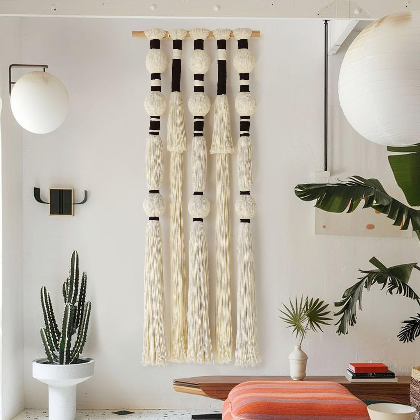 Flber Macrame Wall Hanging Tassels Sphericity Cotton Textile Hanging Geometric Yarn Wall Art for Bedroom Living Room Decor 15.7" W x 39" L