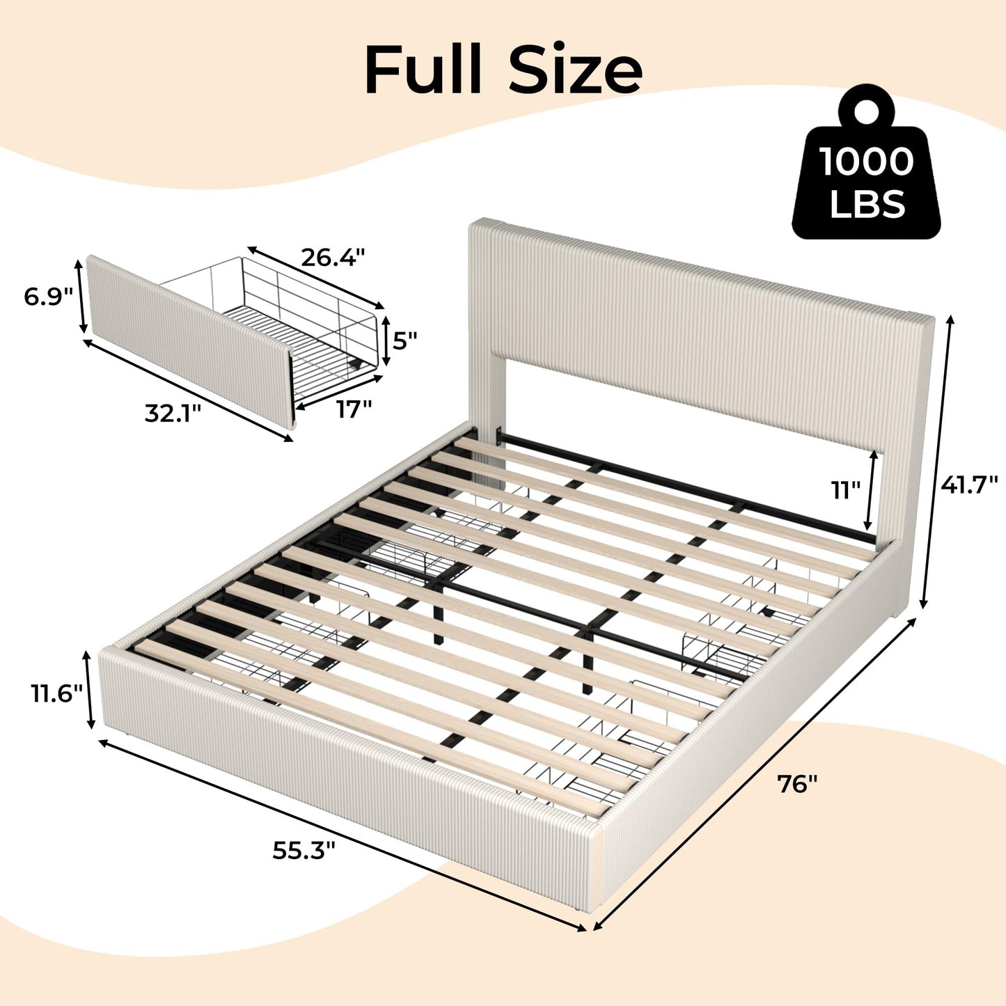 IDEALHOUSE Full Size Bed Frame with Tufted Wingback Headboard, Platform Corduroy Upholstered Bed Frame with 4 Storage Drawers and Wooden Slats Support, No Box Spring Needed, Beige