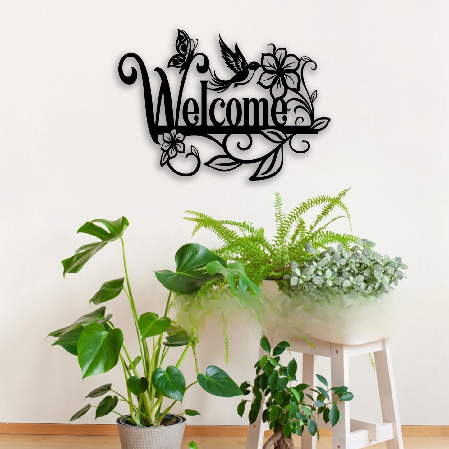 OPTYBVFD Welcome Sign Flower Butterfly Metal Wall Decor - Room Decor Wall Art Home Decor for Living Room, Outdoor, Garden, Farmhouse (Black)