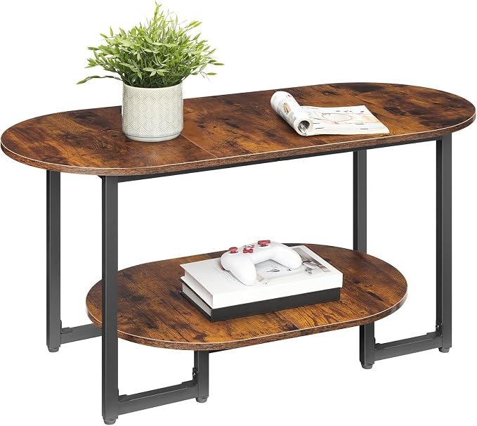 HOOBRO Coffee Table for Living Room, Oval Small Coffee Table with 2-Tier Open Storage Shelf, Industrial Cocktail Tea Table, Wooden Desktop Center Table, Farmhouse, Home Office, Rustic Brown BF09KF01