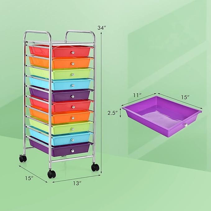 COSTWAY 10-Drawer Rolling Storage Cart, Utility Mobile Trolley with Removable Drawers & Universal Casters & 2 Brakes, Versatile Flexible Drawer Organizer Cart for Home, Office (Multi-Colored)