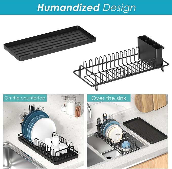 Giwil Small Dish Drying Rack, Compact Dish Rack with Silicone Tray and Caddy, Multifunctional Dish Drainer Sink Drying Rack for Kitchen Counter & Over the Sink, Stainless Stell, Black