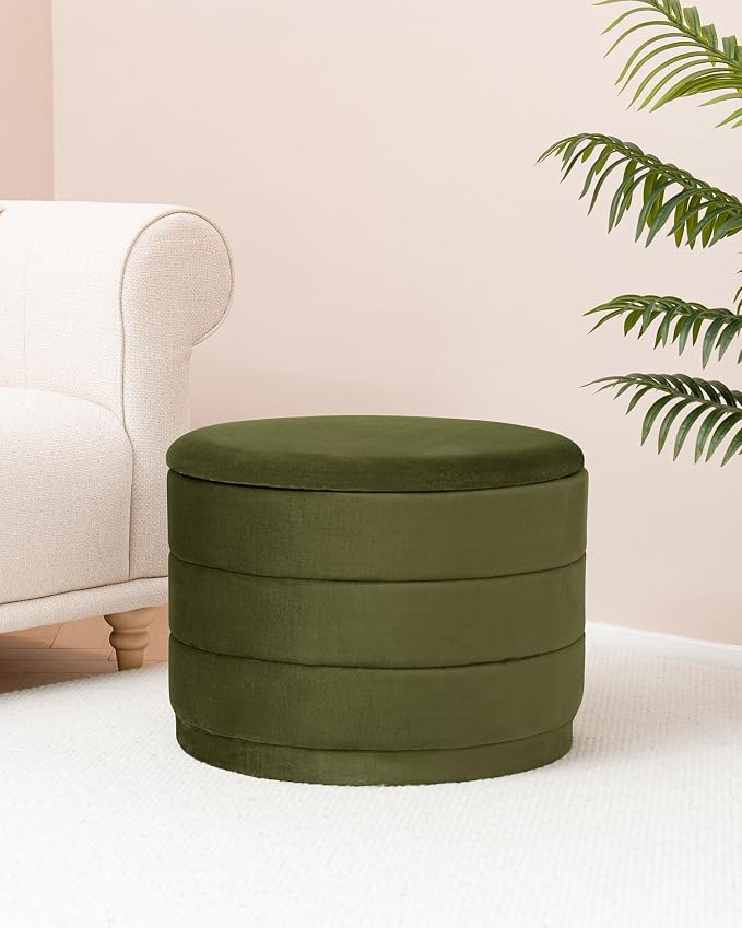B FSOBEIIALEO Round Velvet Storage Ottoman with Tray, Folding Ottoman with Storage Coffee Table Foot Rest for Dorm Room, Living Room Olive, 22.83"x22.83"x17.32"