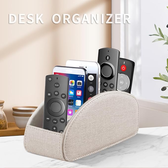 Remote Control Holder PU Leather TV Remote Caddy for Table 5 Compartments Nightstand Organizer for Bedroom Accessories/Bedside Remotes/Media Controllers/Office Supplies Decorations for Living Room