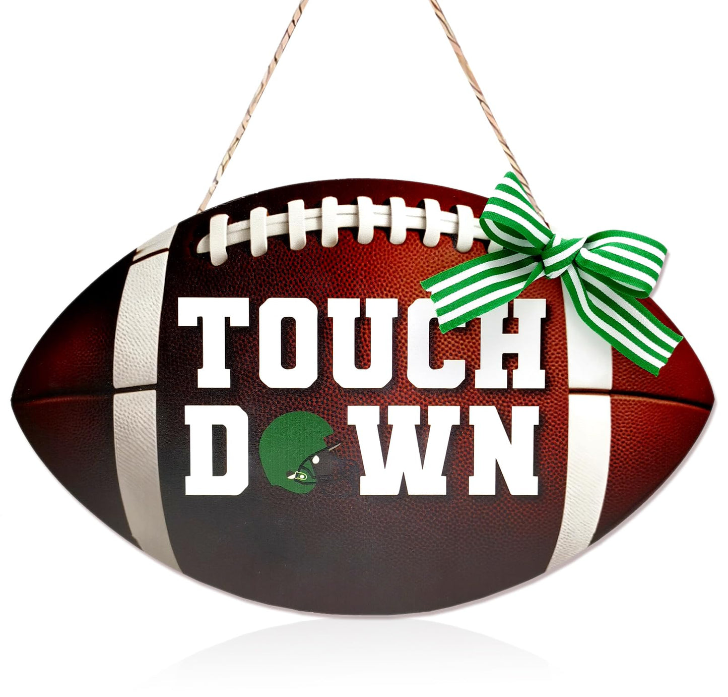Football Touch Down Sign for Front Door Football Wooden Hanging Sign with Burlap Bow Football Season Wall Decor Farmhouse Football Rustic Wooden Wreath for Home Decorations