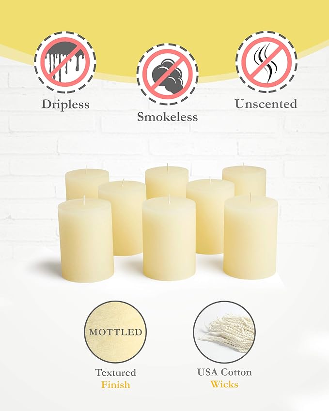 Mottled Pillar Candles by Bask - Set of 8-3" x 4" Dripless Unscented Candles in Ivory for Home Decor, Relaxation & All Occasions