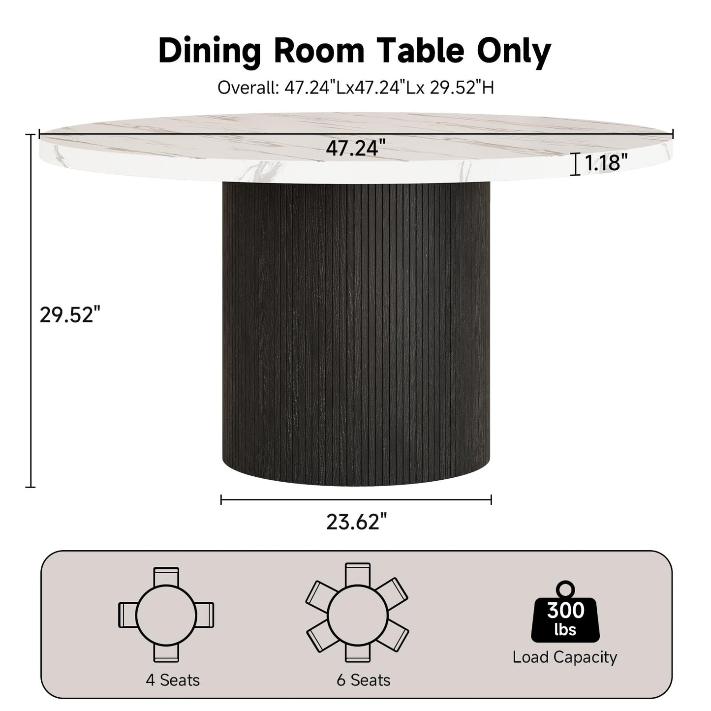 Round Kitchen Dining Table for 4-6 People, 47 inch Mid-Century Circle Dinner Tables, Rustic Wood Base in Fluted Design, Space Saving Dining Room Furniture, Large Table Only for Family Party, Marble