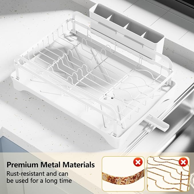LIYI Dish Drying Rack for Kitchen Counter - Kitchen Dish Rack with Drainboard, Small Dish Drainer with Utensil Holder for Sink, 16.5" D x 11.6" W x 6.6" H, White