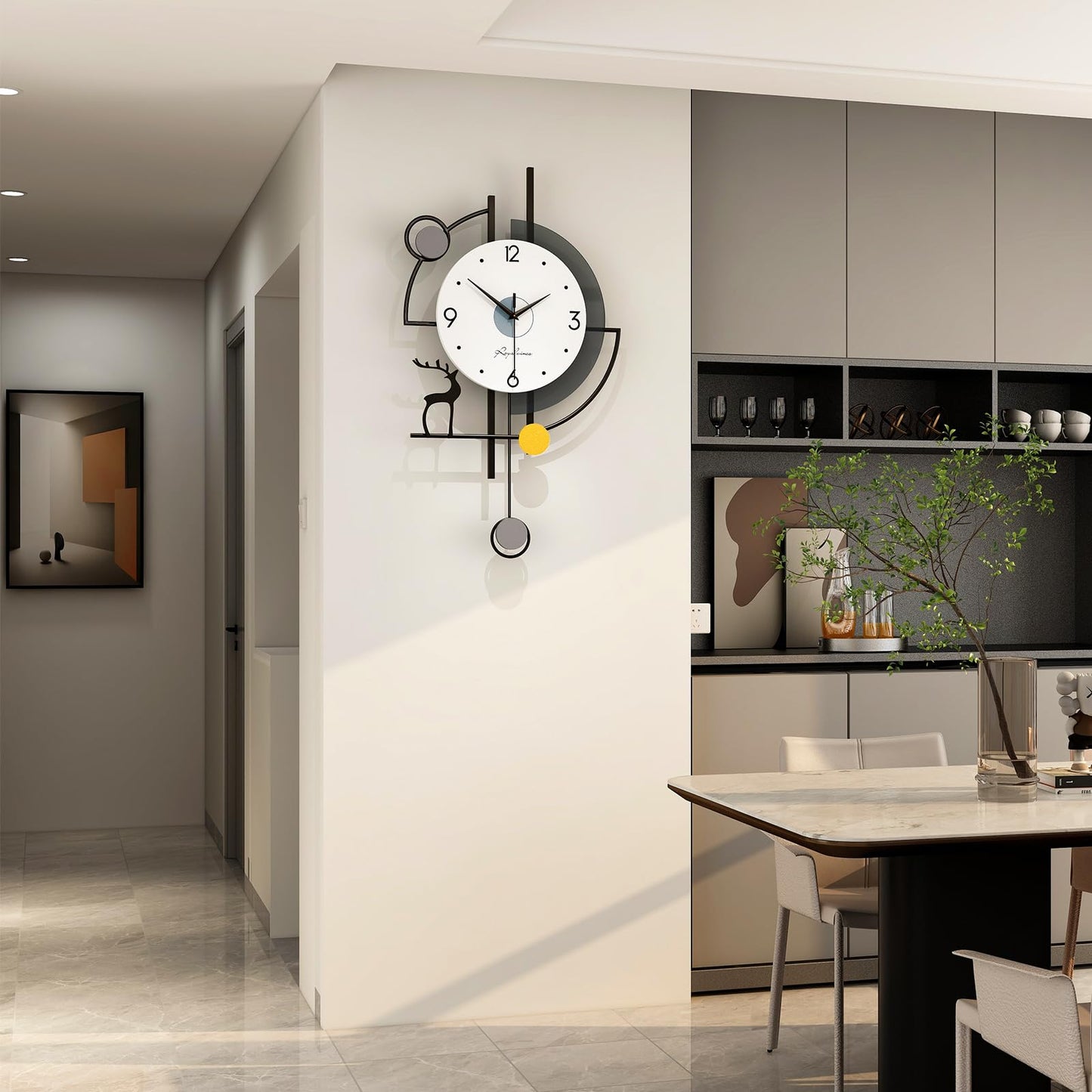 FLEBLE Large Wall Clocks for Living Room Decor Modern Pendulum Wall Clock Silent Quartz Battery Operated Non-Ticking for Bedroom Kitchen Office 24inch Black Metal Deer Clock Wall Decor for Home Indoor