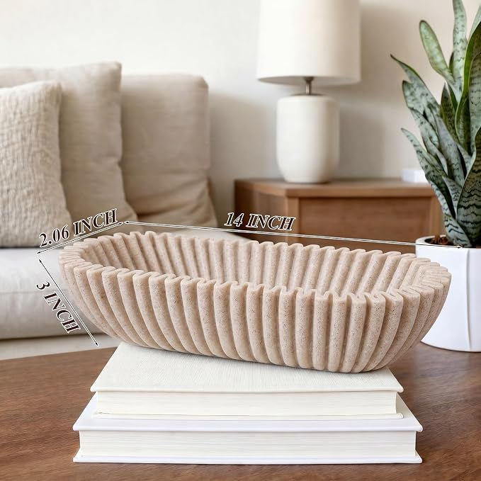 Large Decorative Bowl for Home Decor Long Dough Key Bowls Coffee Table Decor Centerpiece Beige Ruffle Scalloped Resin Modern Handicraft Bowl for Kitchen Counter Farmhouse Entryway