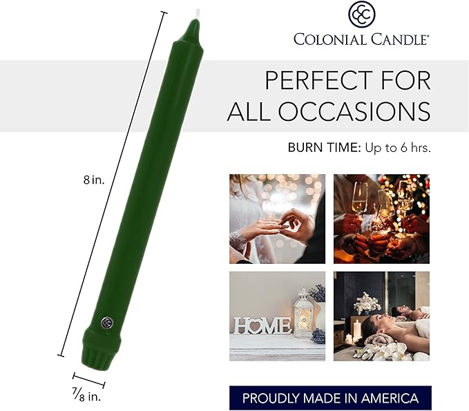 Colonial Candle Unscented Taper Candle, Classic Collection, Evergreen, 8 In, Pack of 12 - Up to 6 Hours Burn