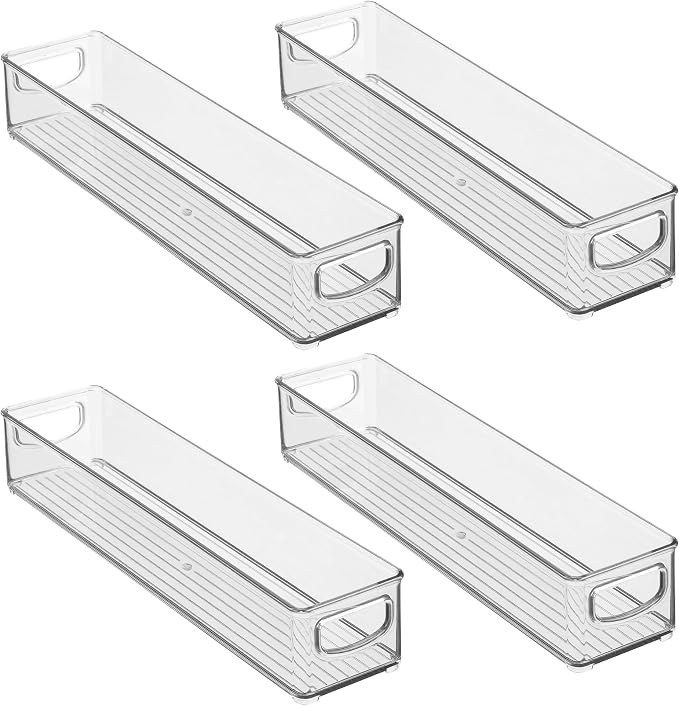 iDesign Slim Clear Plastic Storage Bin, Extra Long Narrow Stackable Organizer for Kitchen and Pantry, 4-Pack