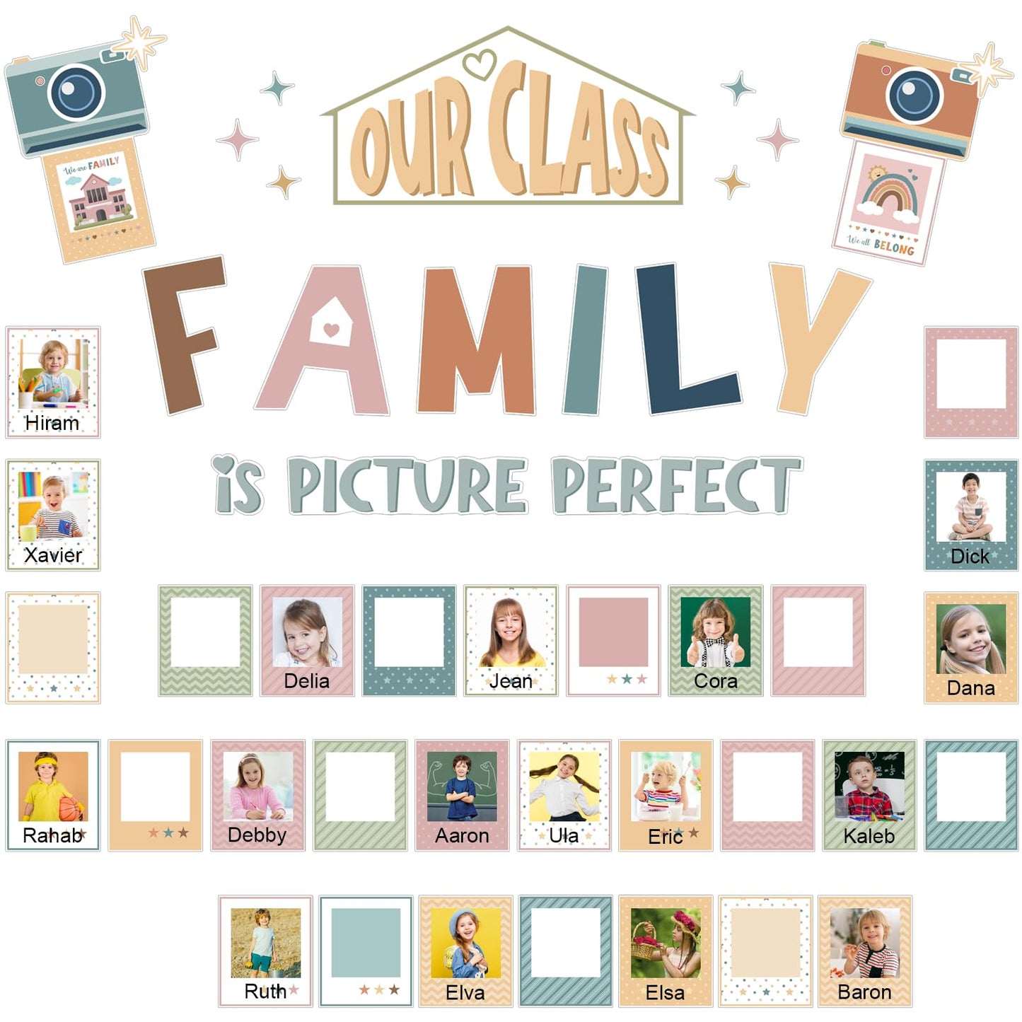 Watersay 52 Pcs Boho Bulletin Board Decor for Classroom, Our Class is a Family Picture Frame Bulletin Board Set for Teachers Chalkboard School Home Door Decor