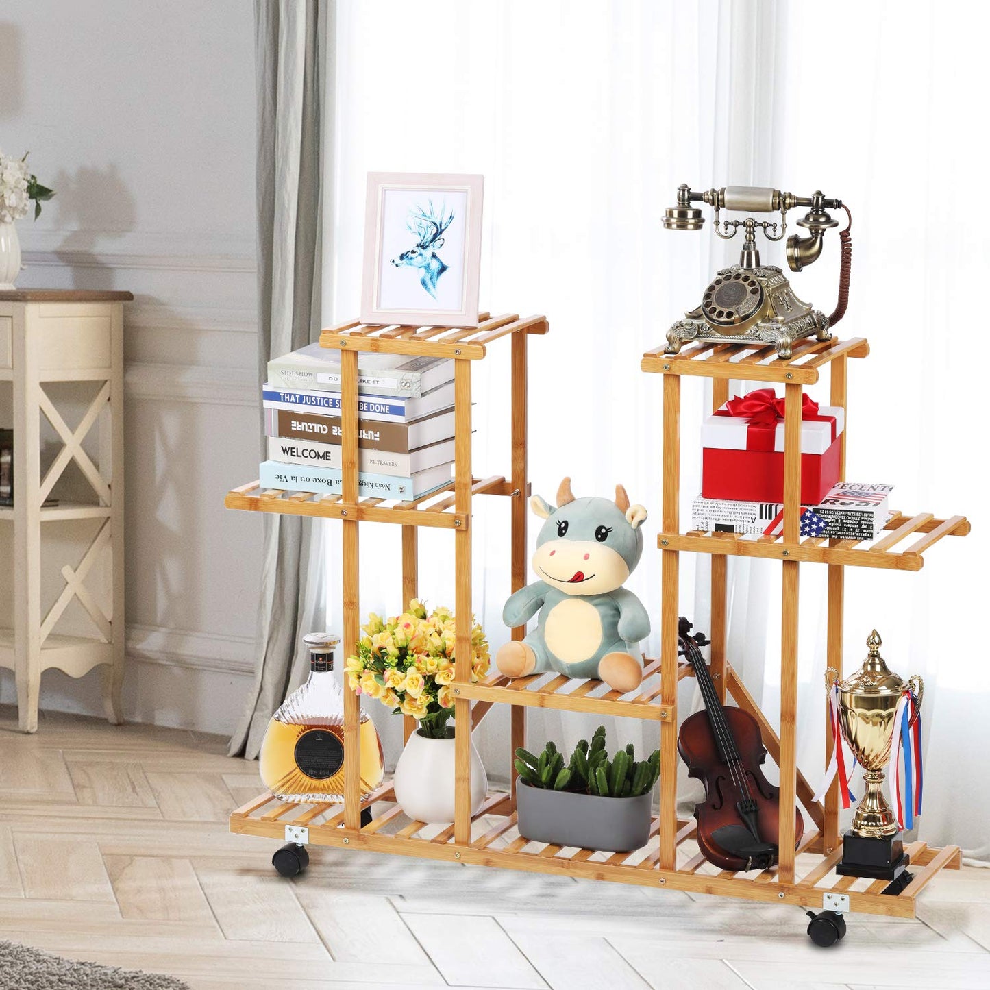 Bamboo Plant Stand Rack with Wheels 4 Tier Indoor&Outdoor Rolling Plant Flower Pots Holder Shelf Planter Display Shelving Unit for Patio Garden, Living Room, Corner Balcony and Bedroom (13 Flowerpots)