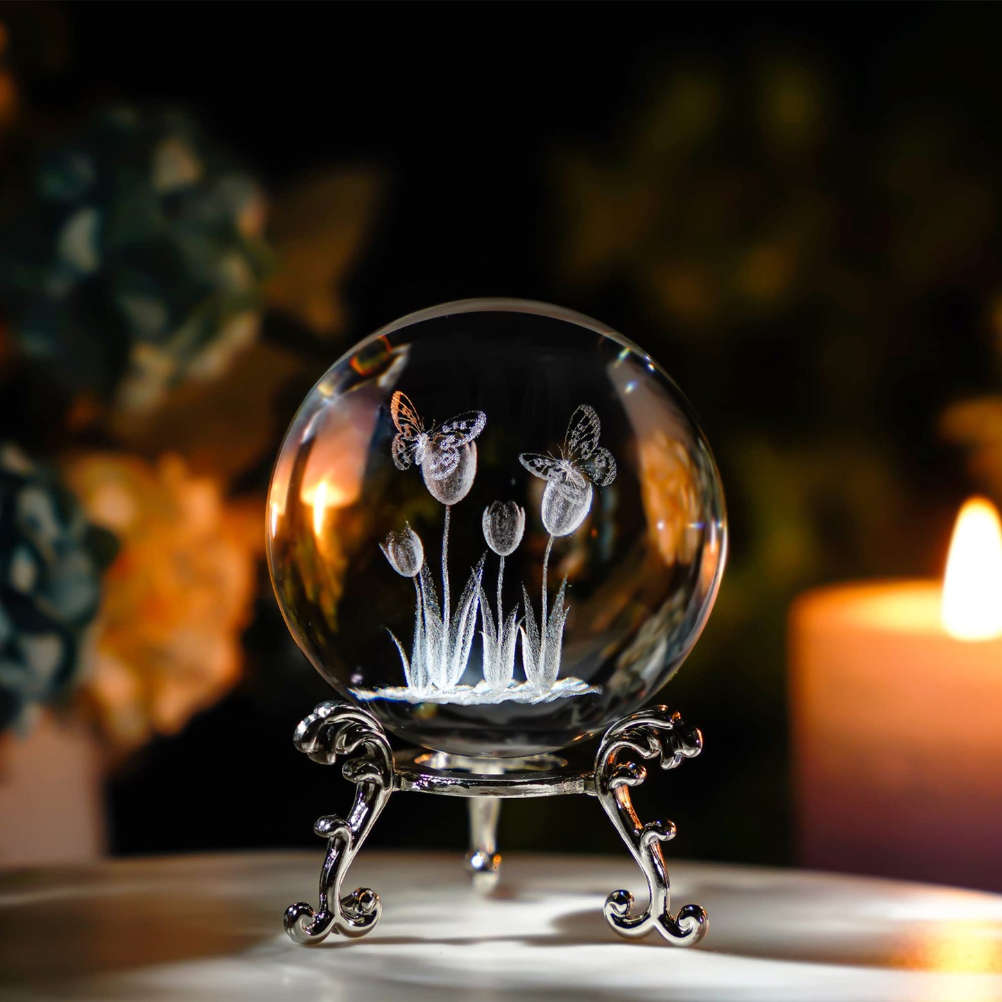 HDCRYSTALGIFTS 3D Laser Crystal Tulip Ball with Butterflies Paperweight - 60mm Engraving Decorative Balls Glass Full Sphere Figurine Decor