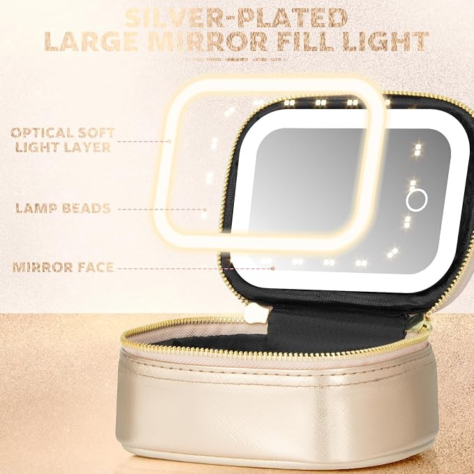 Mini Makeup Bag with Led Mirror, Small Travel Make up Bag 3 Light Modes Adjustable Brightness, for Women Organizer Cosmetic Bag, Portable Travel Train Toiletry Bag, for Pool Parties Work Touch-Ups