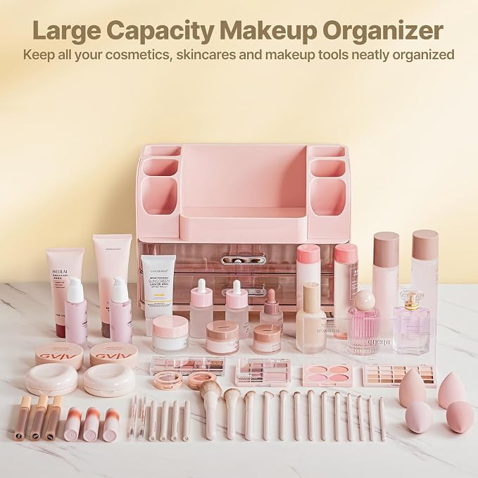 Makeup Organizer with Brush Holder, Makeup Organizer Countertop with 2 Drawers, Make up Organizers for Vanity, Vanity Organizer, Makeup Storage For Skin Cares,Makeup Brushes,Lipsticks,Perfumes(Pink)