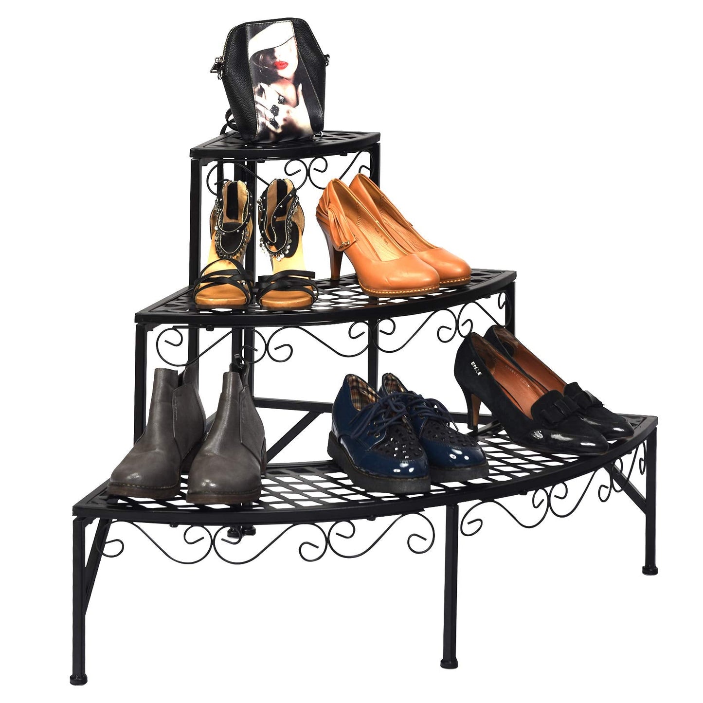 Giantex 3 Tier Metal Corner Plant Stand, Quarter Round Plant Corner Shelf w/ Non-Slip Pads, Corner Plant Stand Corner Shelf Flower Pot Ladder Plant Display Rack Indoor Outdoor (Quarter Round)