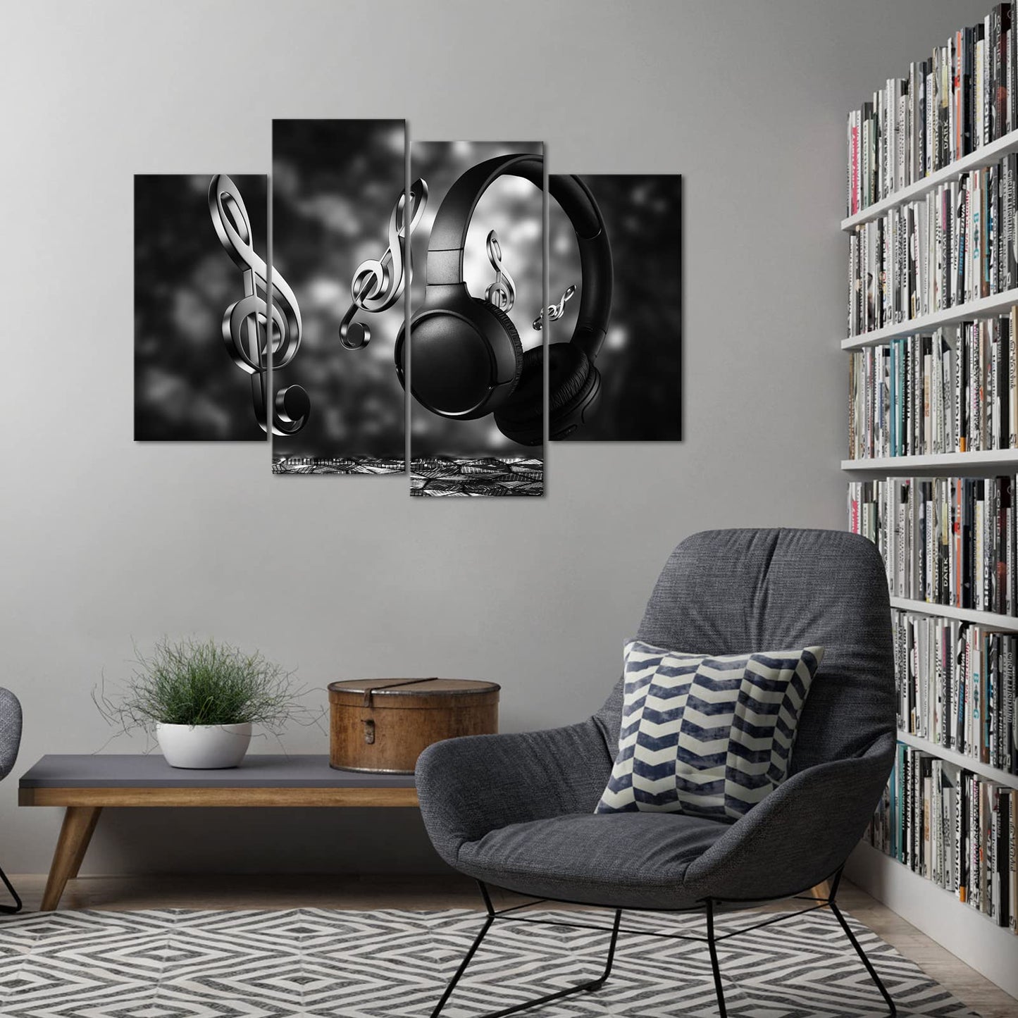 4 Panels Wireless Headphones Canvas Wall Art Black and White Notes Pictures Painting HD Earphones Photo Posters for Modern Music Room Studio Walls Decor Stretched and Framed Ready to Hang