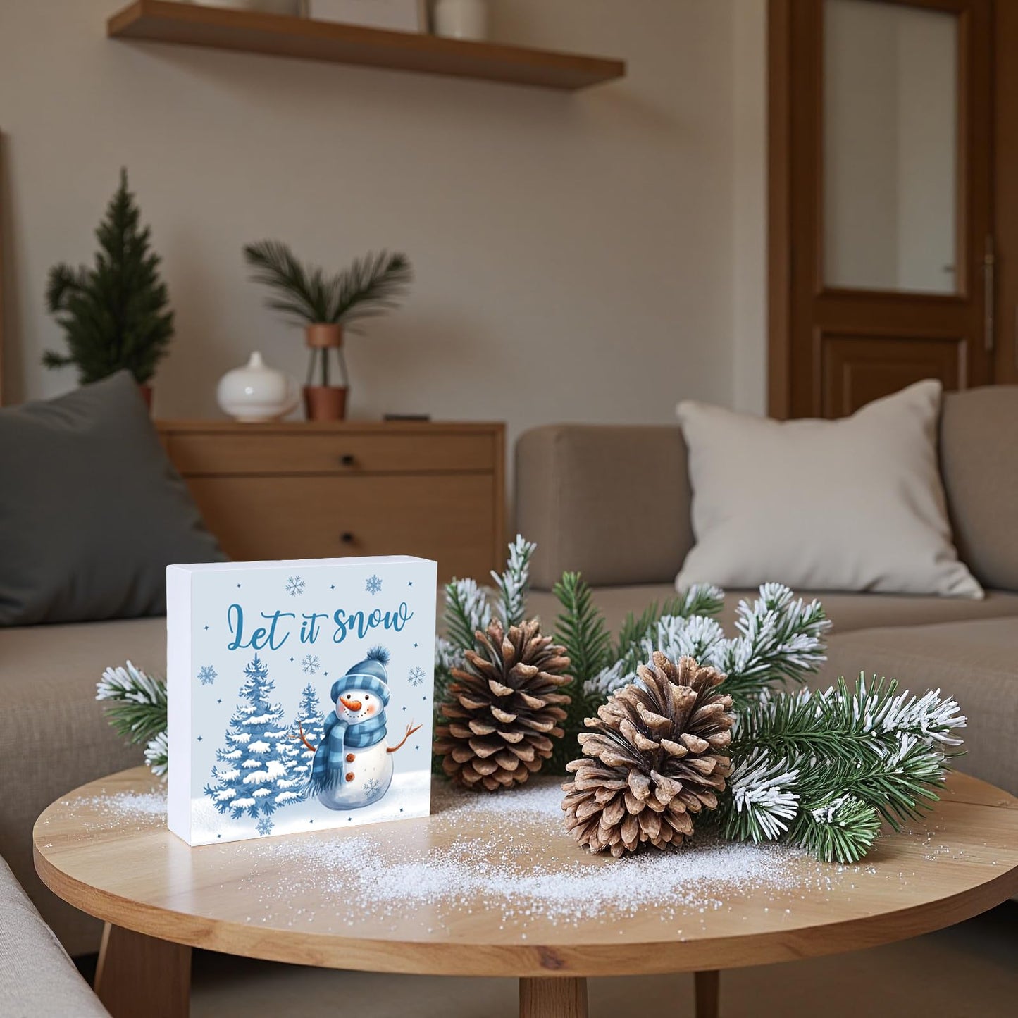 Winter Decorations Indoor Winter Decor Let It Snow Home Room Snowman Tree Office Bathroom Table Wood Box Sign Rustic Wooden Shelf Desk Decor Season Sign House Warming Gifts 5.9 x 5.9 Inch