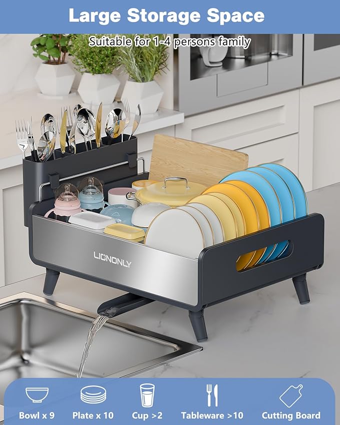 Dish Drying Rack with Drain Board, 304 Stainless Steel Core, Aluminum Rustproof Frame, Anti-Slip Elevated Feet, Removable Adjustable Spout, Utensil Holder, Gray