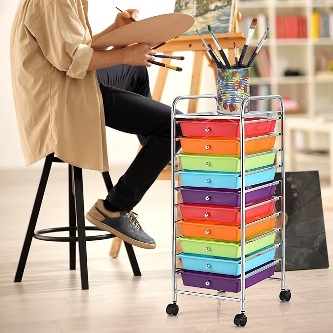 COSTWAY 10-Drawer Rolling Storage Cart, Utility Mobile Trolley with Removable Drawers & Universal Casters & 2 Brakes, Versatile Flexible Drawer Organizer Cart for Home, Office (Multi-Colored)