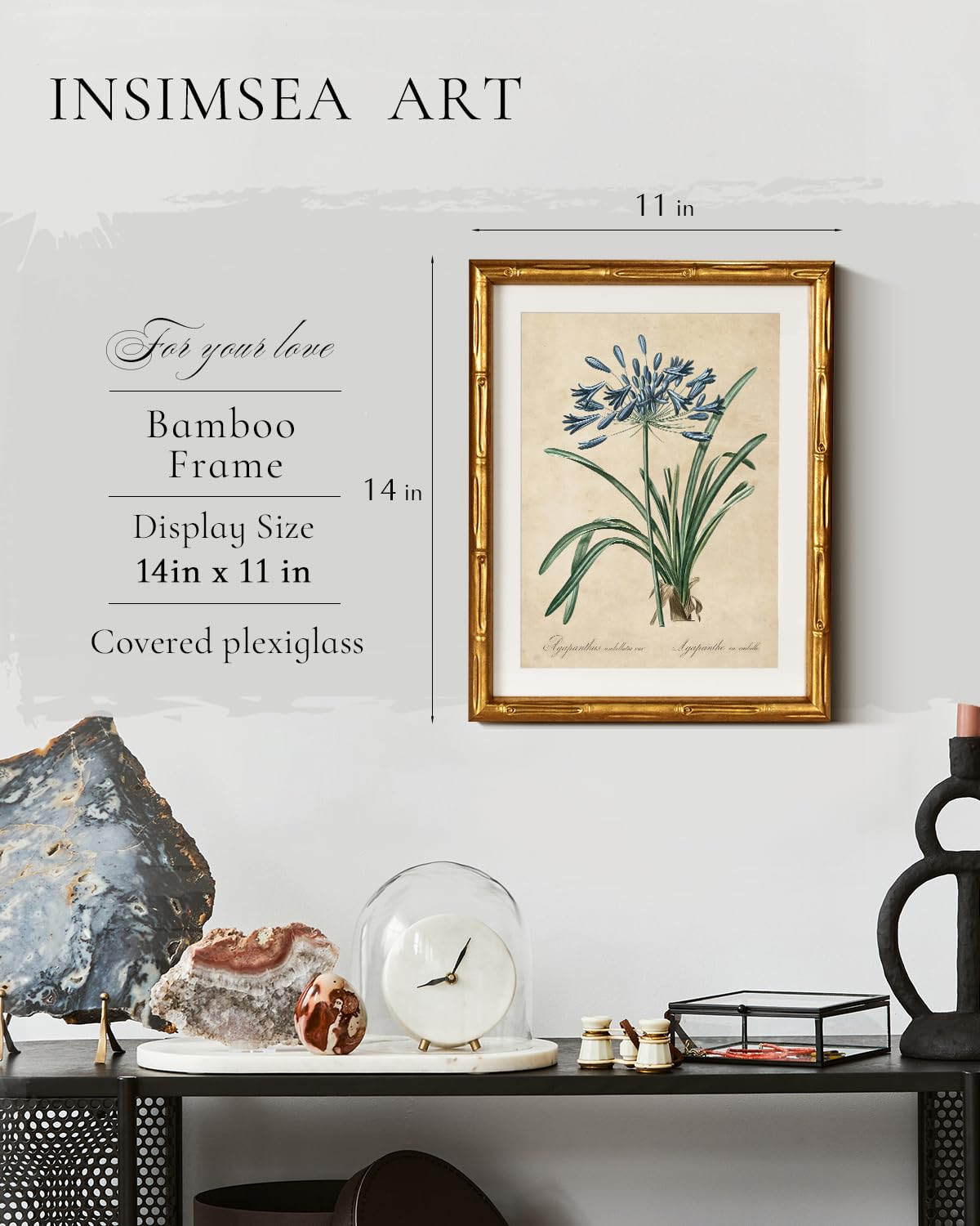 InSimSea Gold Bamboo Framed Canvas Wall Art, Retro Lily Botanical Prints, Antique Moody Picture Frame with Mat, Victorian Home Wall Decor for Kitchen Dining Living Room Bedroom, 11x14inch