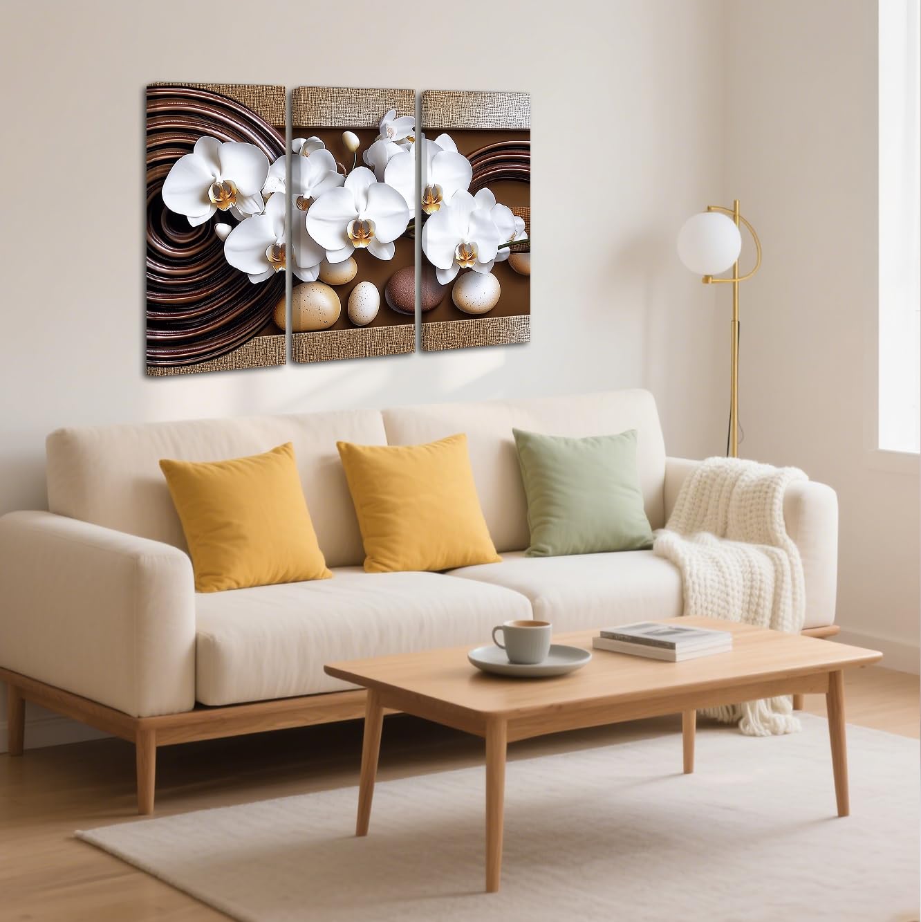 BJYCHG Orchid Picture Wall Art 3 Piece White Flowers Painting Abstract Floral Canvas Prints Modern Zen Artwork for Large Living Room Bedroom Office Decor Framed (Brown, 16x8inchx3 Pieces)