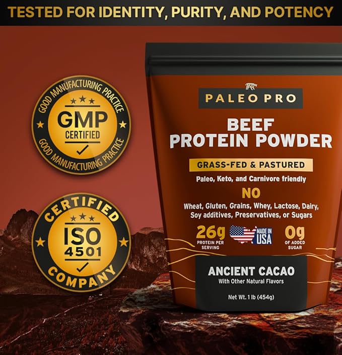 Paleo Pro Beef Protein Powder - Grass Fed Protein Powder Isolate - Pure Animal Based Pastured & Cage-Free | Dairy & Gluten Free, Natural and Clean Proteins for Paleo & Keto - 15 Days Supply (Cacao)