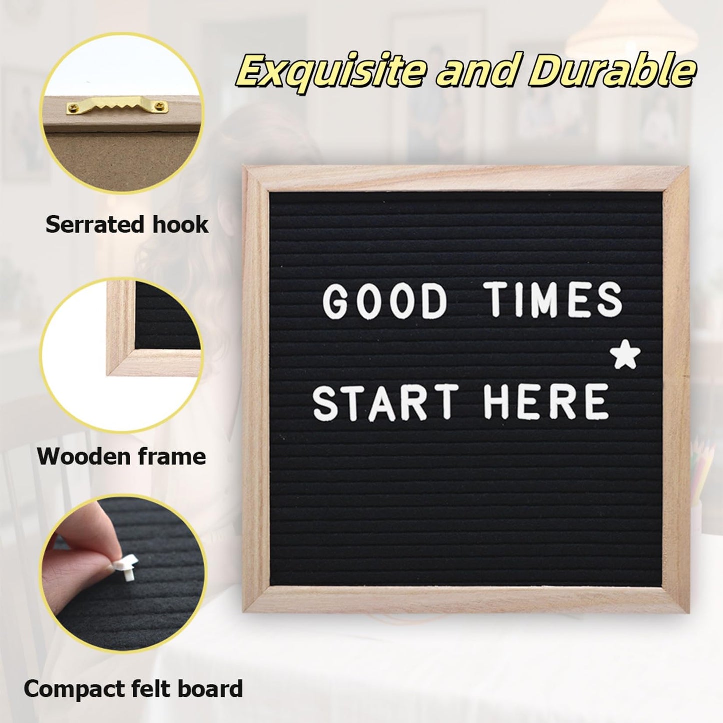 Intomyth Felt Letter Board with 336 Letters Numbers & Symbols, First Day of School Board, 10x10 Inches, Changeable Message Board with Wooden Frame Wall Mount Hook (Black)