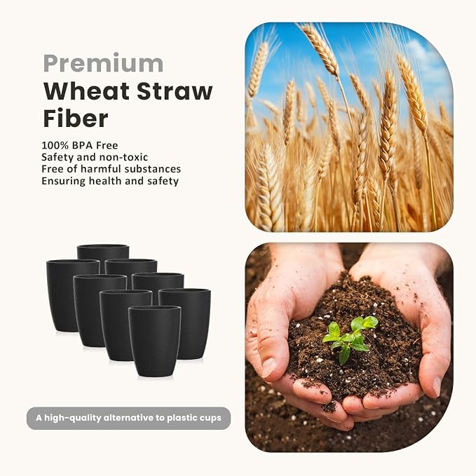 Homienly Drinking Cup Water Tumbler Wheat Straw Cup Set of 8 | Plastic Cups Reusable 16 OZ Drinking Glasses | Unbreakable Stackable Water Tumblers Dishwasher Safe Cup Set for Kitchen - Black