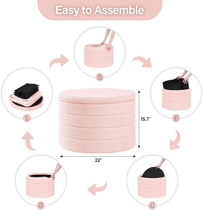 B FSOBEIIALEO Ottoman with Stroage, Round Sherpa Storage Ottoman Stool, Boucle Foot Rest22 x 22"x15.75" (Pink