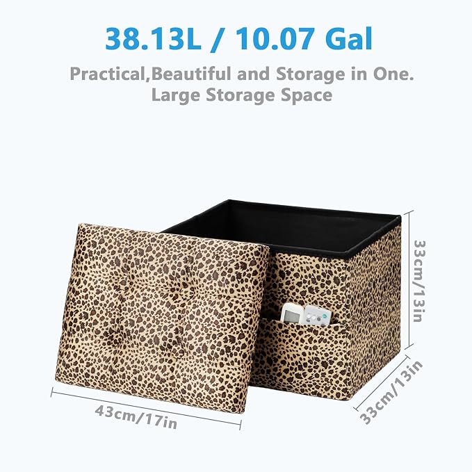 AmasSmile Storage Ottoman Folding Foot Rest Stool with Side Pocket, 17 inch Velvet Footstool Bench, Short Ottoman Bench, Storage Foot Rest Store, Blanket Chest, Leopard Print 2 Pack