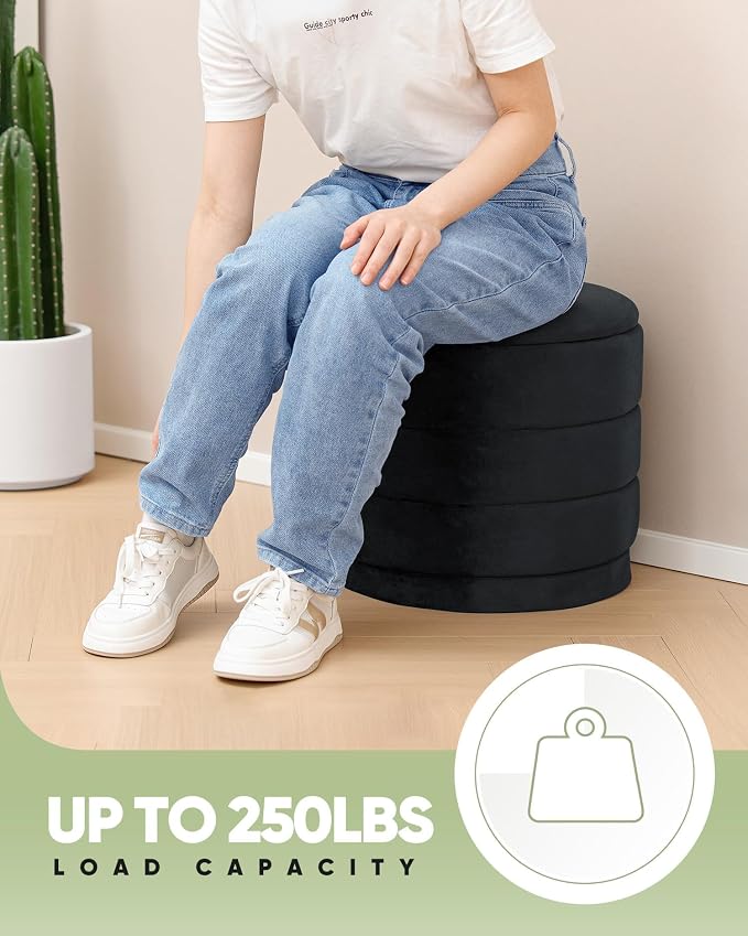 B FSOBEIIALEO Round Velvet Storage Ottoman with Tray, Folding Ottoman with Storage Coffee Table Foot Rest for Dorm Room, Living Room Black, 15.35"x15.35"x14.57"