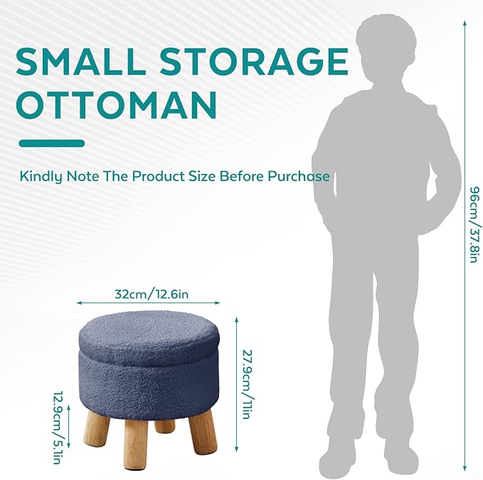 Small Foot Stool Ottoman with Storage, Sherpa Ottoman Foot Rest for Couch, Round Footstool with Storage, Small Ottomans and Footstools for Living Room and Entryway (Navy Blue)