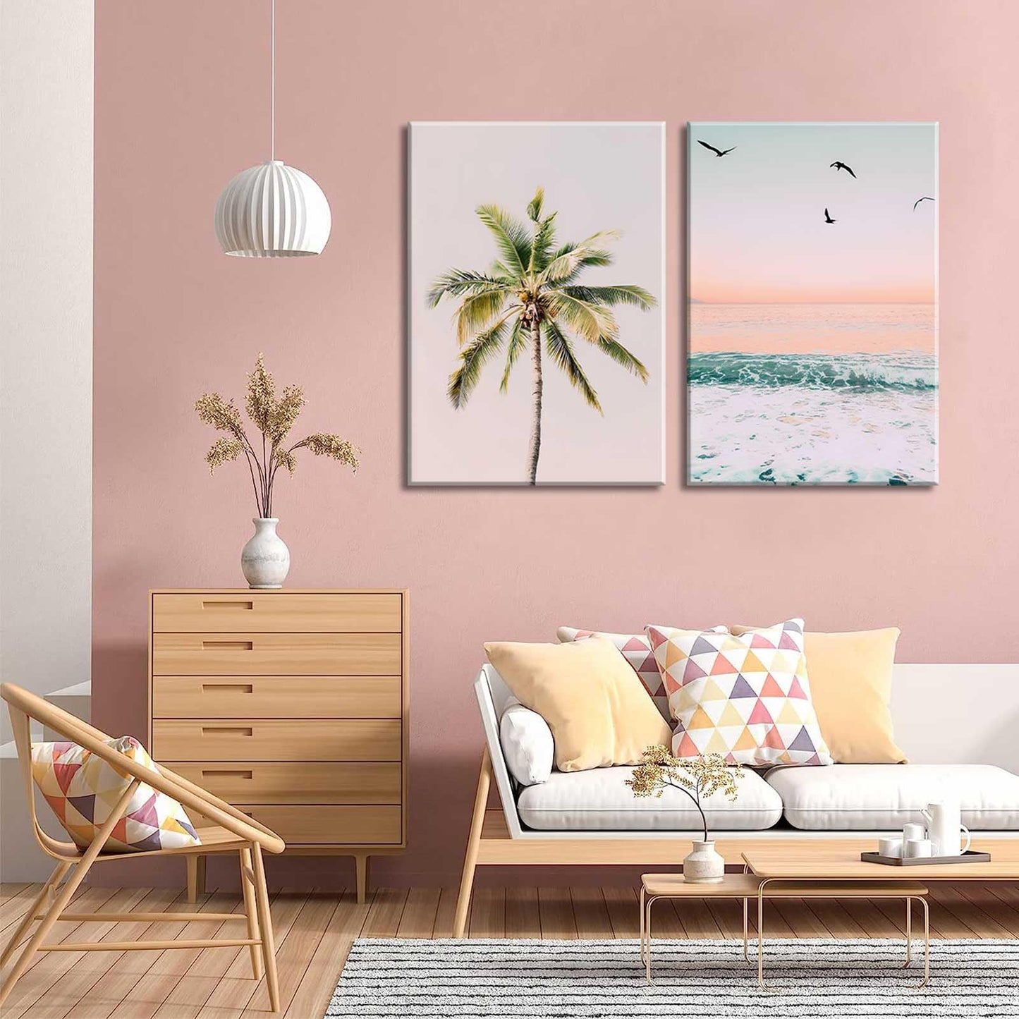 2Pcs Framed Pastel Beach Wall Art Tropical Palm Tree Canvas Posters Prints Coastal Ocean Wall Decor Pictures Summer Beach Theme Bedroom Living Room Decoration, 12x16 Inch