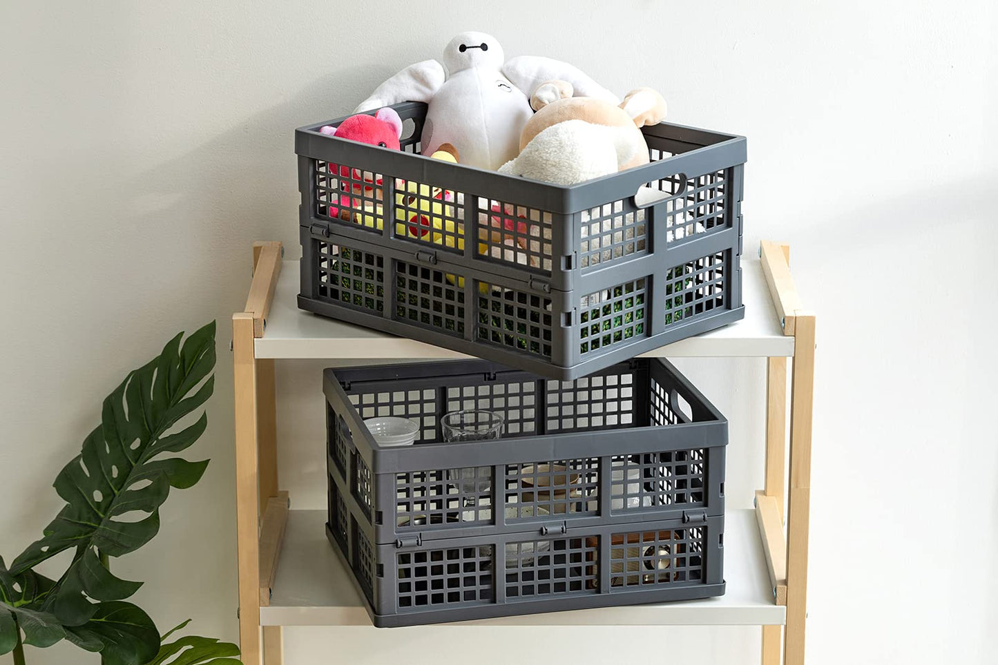 Eslite 34L Large Plastic Folding Storage Crates,Collapsible Crates for Storage,Pack of 3 (Grey)