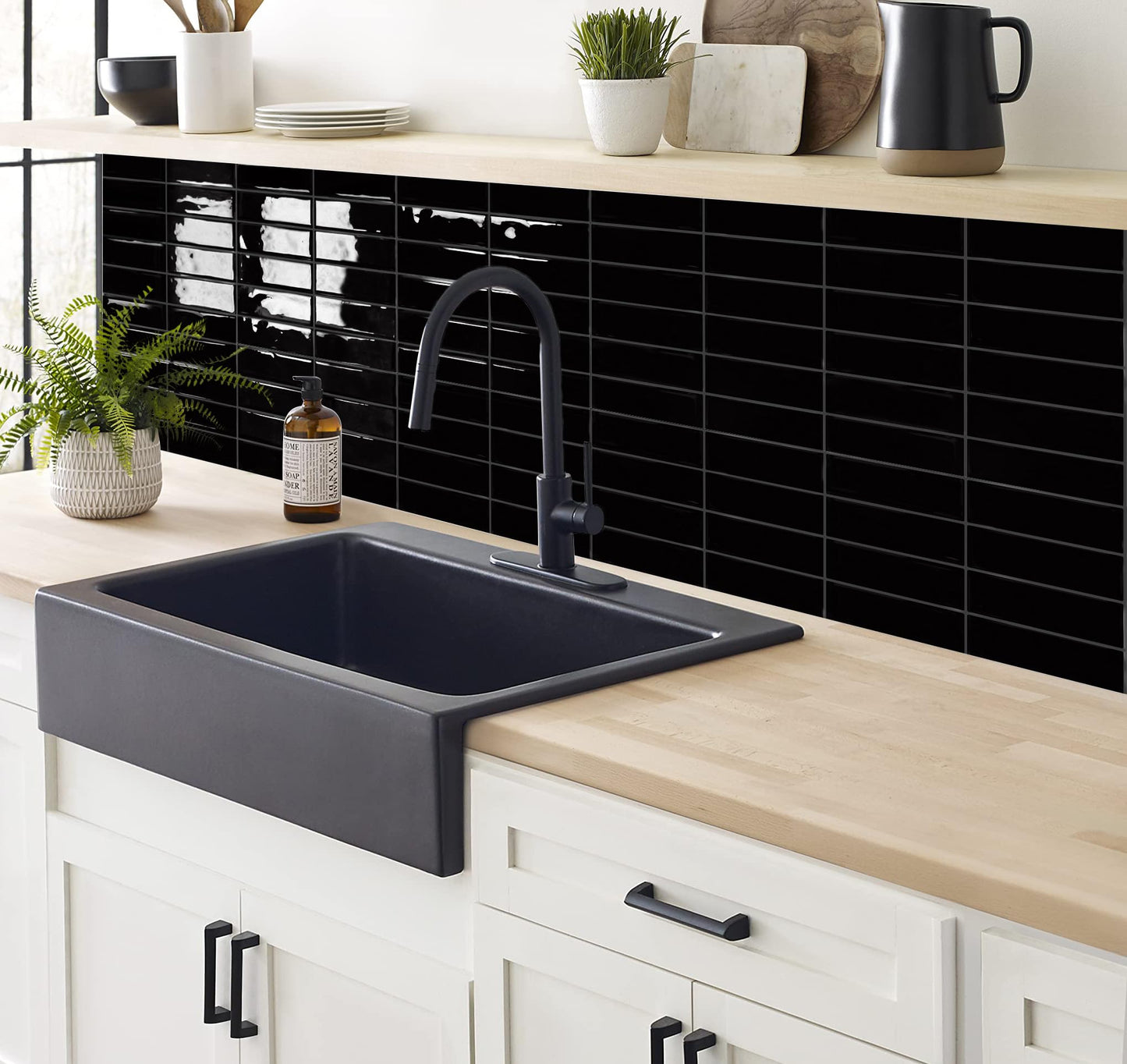 DEWOO Black Rectangle Peel and Stick Subway Backsplash Self Adhesive Wall Tile Stickers for Kitchen Bathroom Brick (10-Sheet, 12"×12")