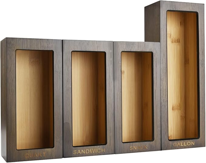 Bamboo Food Bag Organizer for Kitchen Drawer, Baggie organizer, Compatible with Gallon, Quart, Sandwich and Snack Variety Size Bags (4 Piece Set) (Vintage Brown)