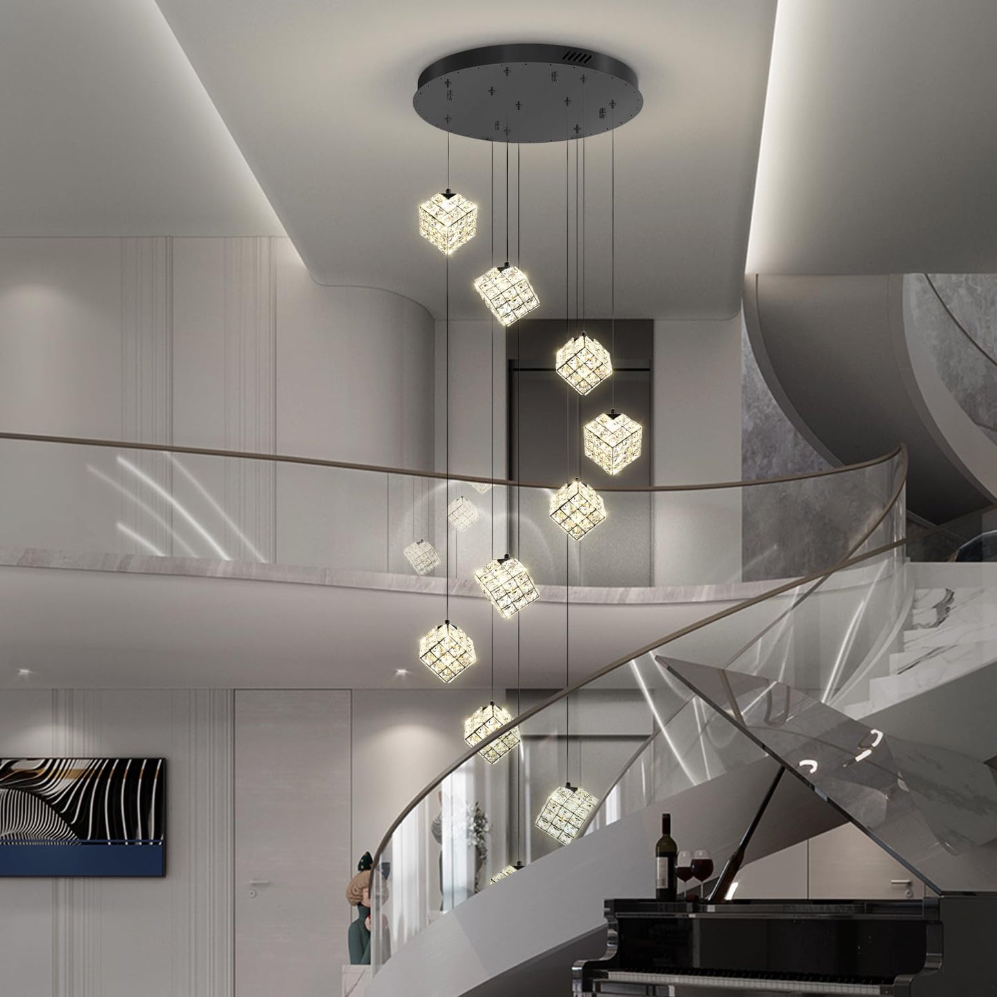 Shial Lighting 10-Lights LED Staircase Chandelier Modern Foyer Chandeliers Large Chandelier for High Ceilings,Crystal Pendant Light for Living Room Stairwell Dining Room Entryway