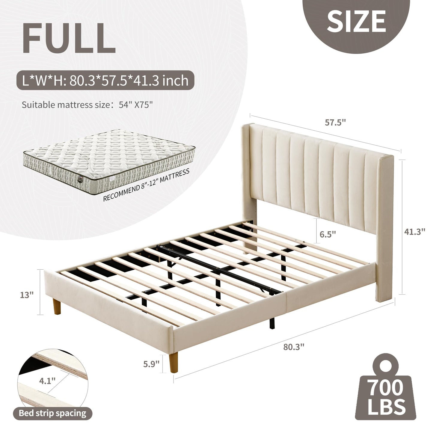 YUHUASHI upholstered Platform Bed Frame/Full Bed Frame/Modern Geometric Double-Wing Design headboard/Velvet Fabric/Easy to Assemble no Noise (Cream, Full)