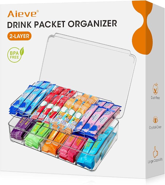 AIEVE Drink Packet Organizer, 2-Tier Tea Bag Organizer with Lid, Stackable Clear Pantry Storage Bins with Adjustable Dividers, Acrylic Water Packet Holder for Cabinet Kitchen Storage Organization