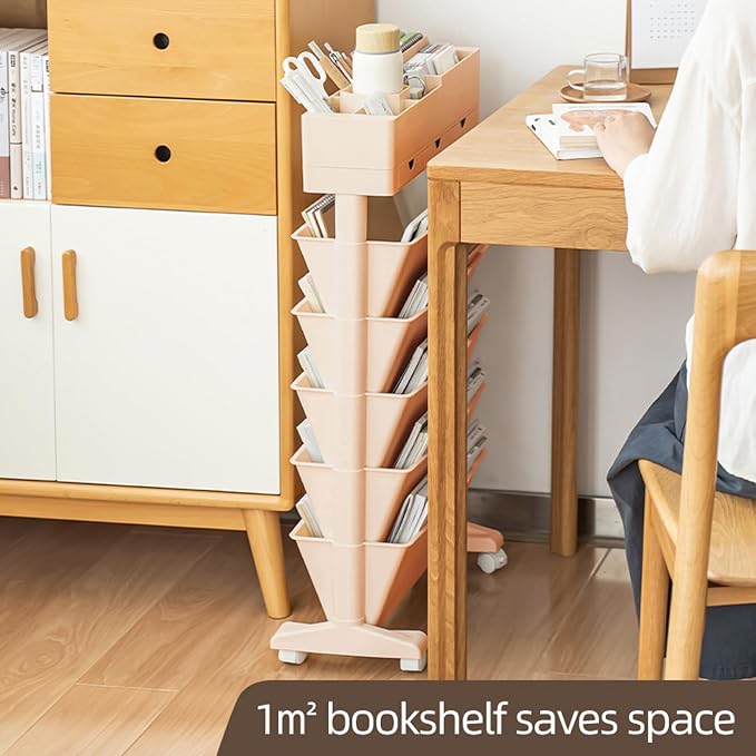 5 Tier Rolling Book Cart Multi-Functional Movable Storage Bookshelves with Lockable Wheels for Study Office Library Classroom, (Pink, with Wheel)