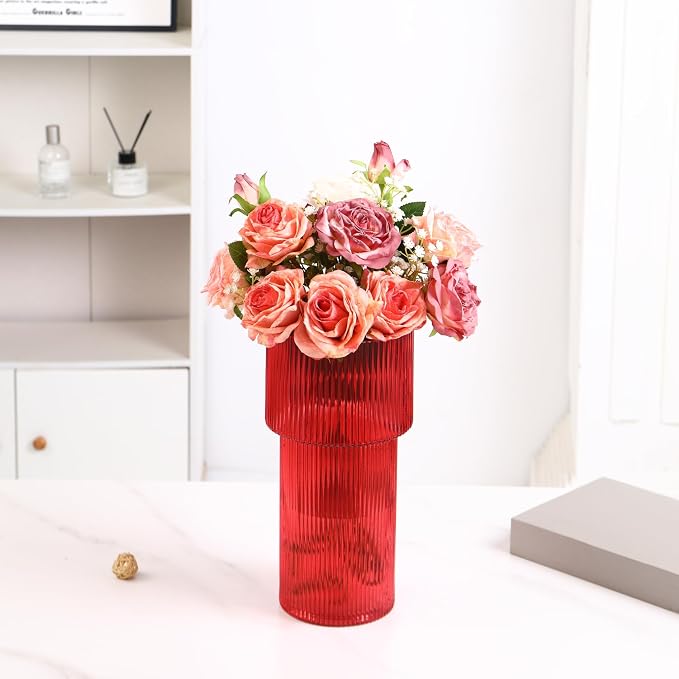 Red Glass Vase, 12 Inches Tall Vase for Flowers, Large Flower Vases for Bouquet, Modern Red Glass Vases for Living Room, Dining Table, Office, Entryway, Mantle, Shelf, Wedding Gifts