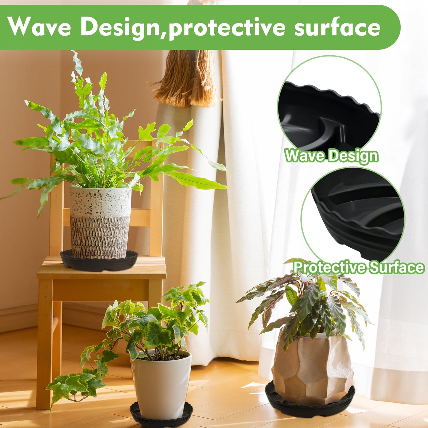 ittyfei 6 Pack 8 Inch Plant Trays for Pots, Raised Ridge Plant Saucers,6 10 12 14 Inch Durable Plastic Plant Pot Saucer,Black Round Plant Water Catcher Tray for Indoors and Outdoors(Black, 8‘’6pack)