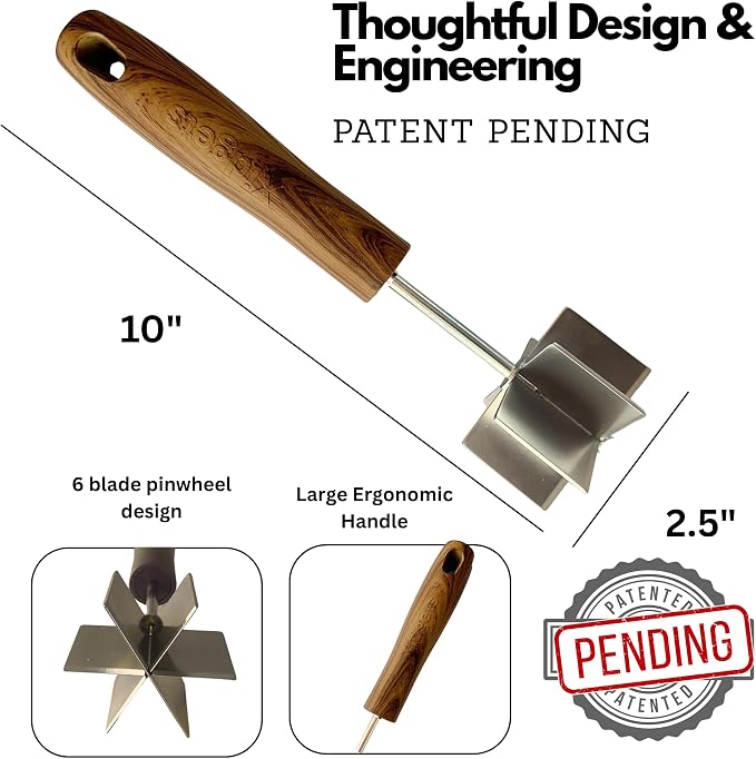 Large Stainless Steel Meat Chopper, Masher & Cocktail Muddler | Dishwasher Safe | 6-Blade Chopper Tool | Oversized Ergonomic Handle | Heat Resistant Grip (Walnut Wood Veneer 10")